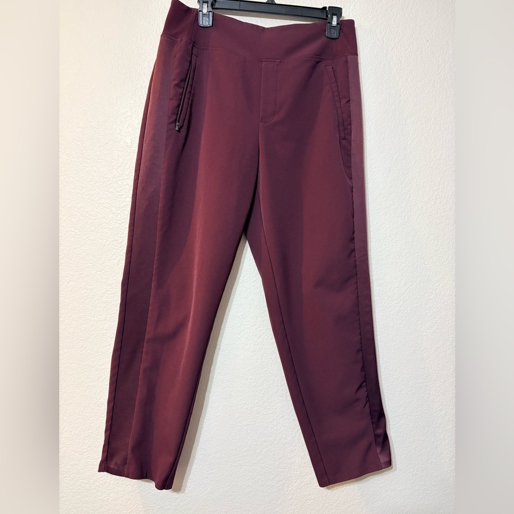 Athleta Endless Satin Stylish Burgundy Travel Casual Pants Side Satin Stripe. 10